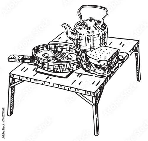 Folding camping table sketch. Clipart of compact picnic table with food. Hand drawn vector illustration isolated on white.