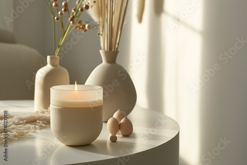 Cozy burning candle in ceramik jar. Home and interior decoration. photo