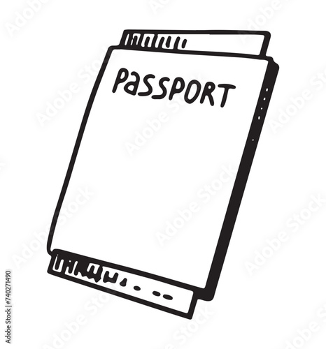 Passport and tickets sketch. Clipart of journey, travel attribute. Hand drawn vector illustration isolated on white.