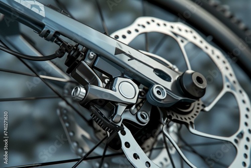 Part of the bicycle's braking system. Grey metal brake disc and brake pads on road bike, close up. © sania