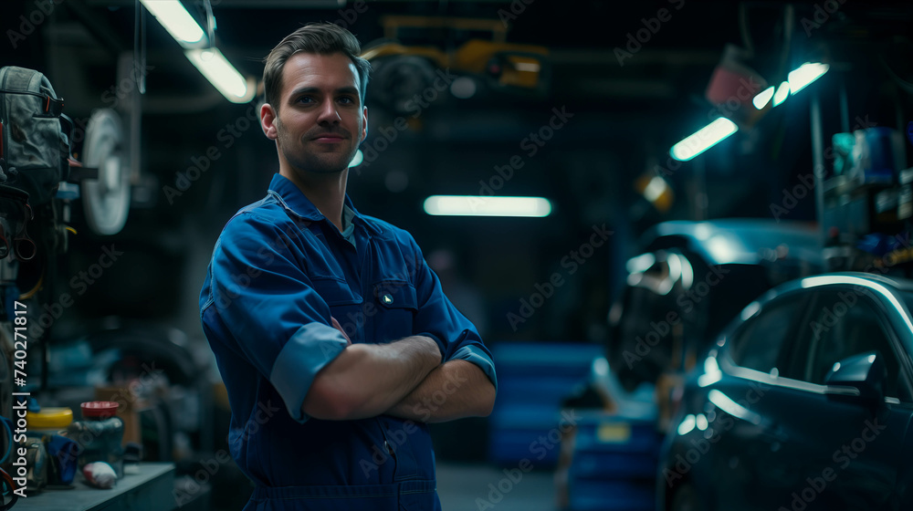 Confident Caucasian male auto mechanic in blue uniform stands with arms crossed in auto repair shop. Confident Caucasian male auto mechanic in blue uniform stands with arms crossed in auto repair shop.