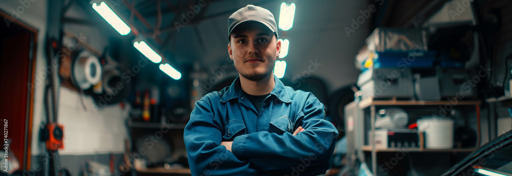 Confident Caucasian male auto mechanic in blue uniform stands with arms crossed in auto repair shop. - obrazy, fototapety, plakaty 