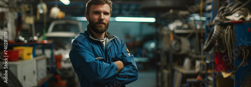 Confident Caucasian male auto mechanic in blue uniform stands with arms crossed in auto repair shop.