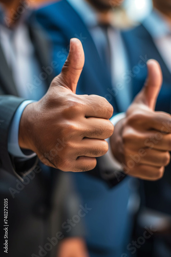 Closeup of many businessmen's hands giving thumbs up.