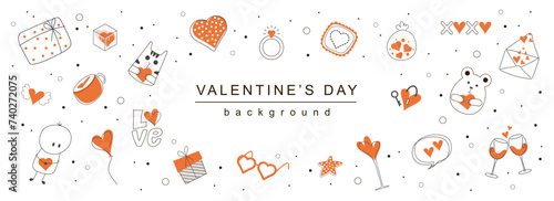 Fototapeta Naklejka Na Ścianę i Meble -  Valentine Day horizontal web banner. Hearts, gifts, letters, rings, kiss, love and other symbols pattern on white background. Vector illustration for header website, cover templates in modern design