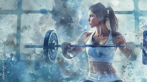 Watercolor illustration of woman in exercise clothes lifting a barbell in the gym.