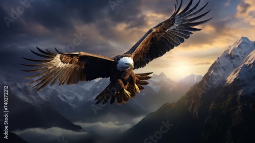 Wallpaper Mural Against the canvas of a dimming sky, an elegant eagle traverses the mountainous terrain, a symbol of freedom and strength. Torontodigital.ca