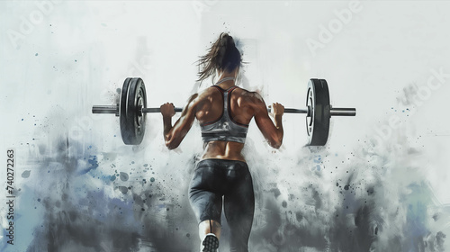 Watercolor illustration of woman in exercise clothes lifting a barbell in the gym.