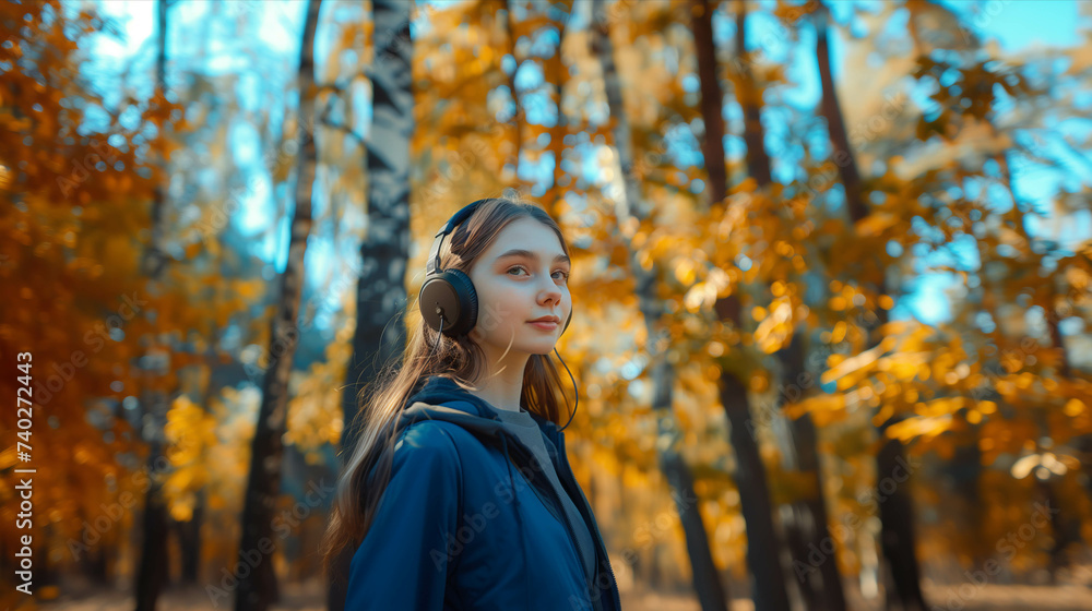 Caucasian woman in sportswear wearing headphones in the forest. Caucasian woman in sportswear wearing headphones in the forest.