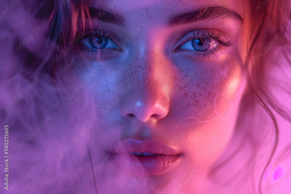 An enigmatic artist with a mysterious purple background, adding an air of intrigue to the portrait. Concept of artistic mystique. Generative Ai. An enigmatic artist with a mysterious purple background, adding an air of intrigue to the portrait. Concept of artistic mystique. Generative Ai.