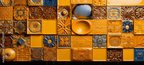 Yellow ceramic tiles on kitchen wall in an artistic mosaic. ceramic tiles on kitchen wall background banner wallpaper poster