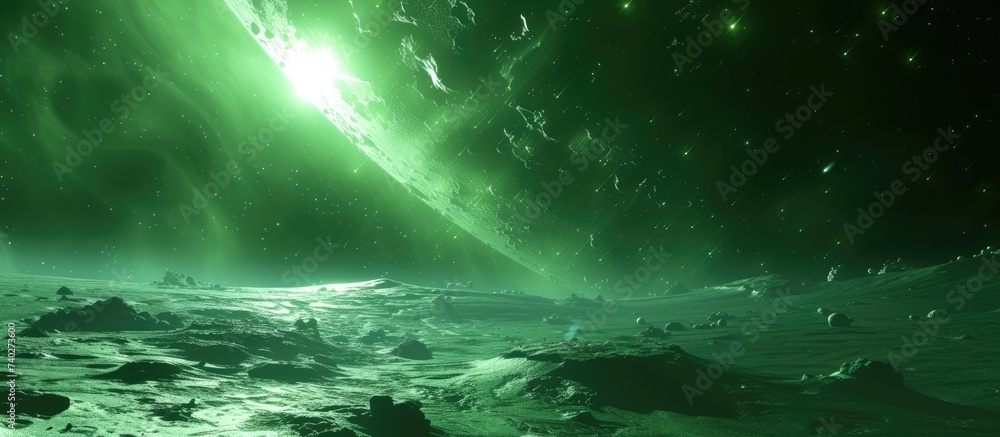 Fototapeta premium An illustration showing a green light in the space atmosphere beneath the subsurface realm, with the presence of dust particles.