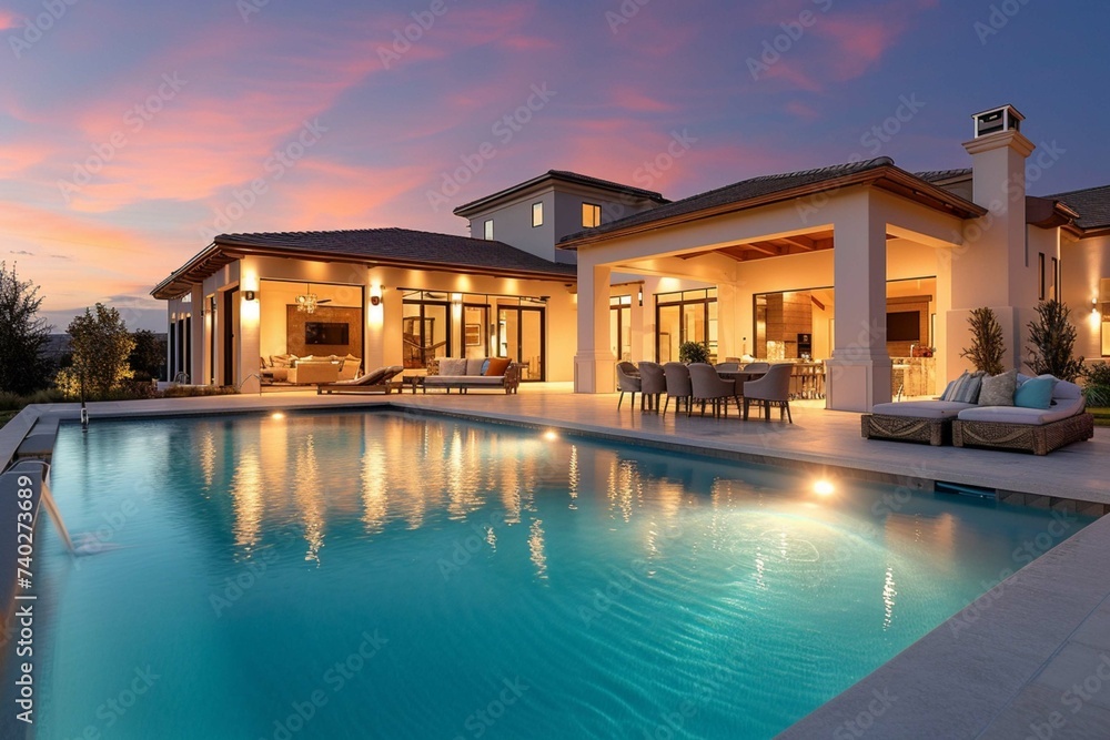 Spectacular Backyard Swimming Pool Designer home. Beautiful Exterior of New Home at Twilight.