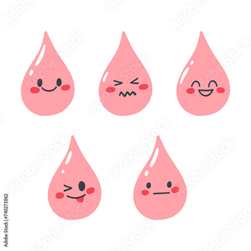 Hand drawn blood drops in kawaii style. Cute characters, concept of menstrual cycle, blood donation