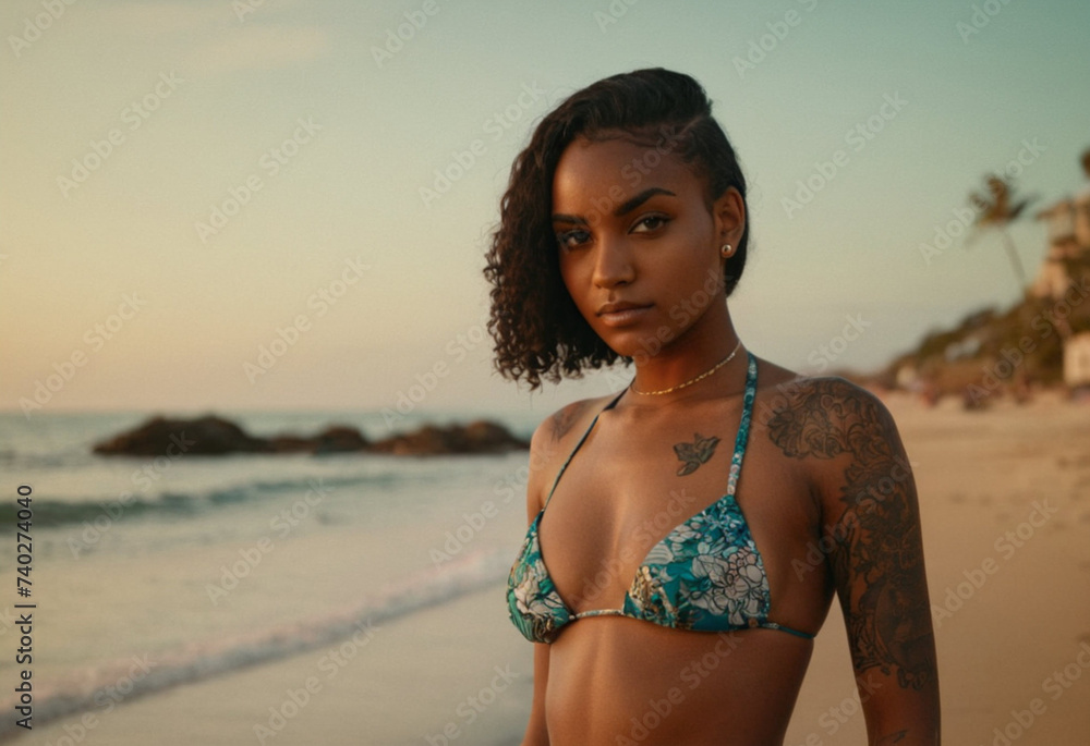 Dark-skinned girl model with a flower tattoo on her body in a revealing bikini on a tropical beach