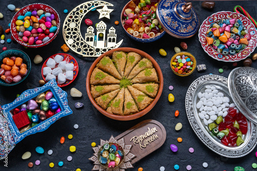 Colorful Eid Mubarak Candy and Chocolate, Ramadan Kareem Concept Photo, Uskudar Istanbul, Turkiye (Turkey) photo