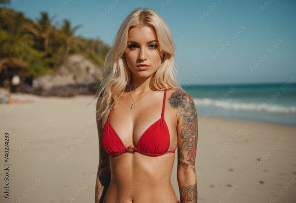Blonde model girl with a flower tattoo on her body in a revealing red bikini on a tropical beach Blonde model girl with a flower tattoo on her body in a revealing red bikini on a tropical beach