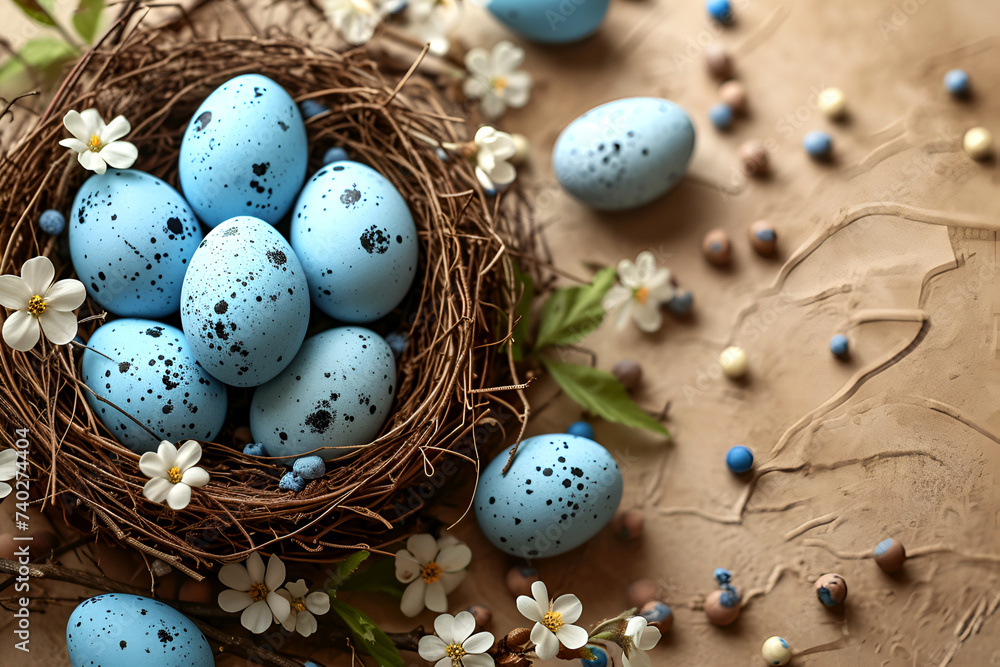 Obraz premium Greeting card for Easter, with Easter eggs in a nest on a beige background.