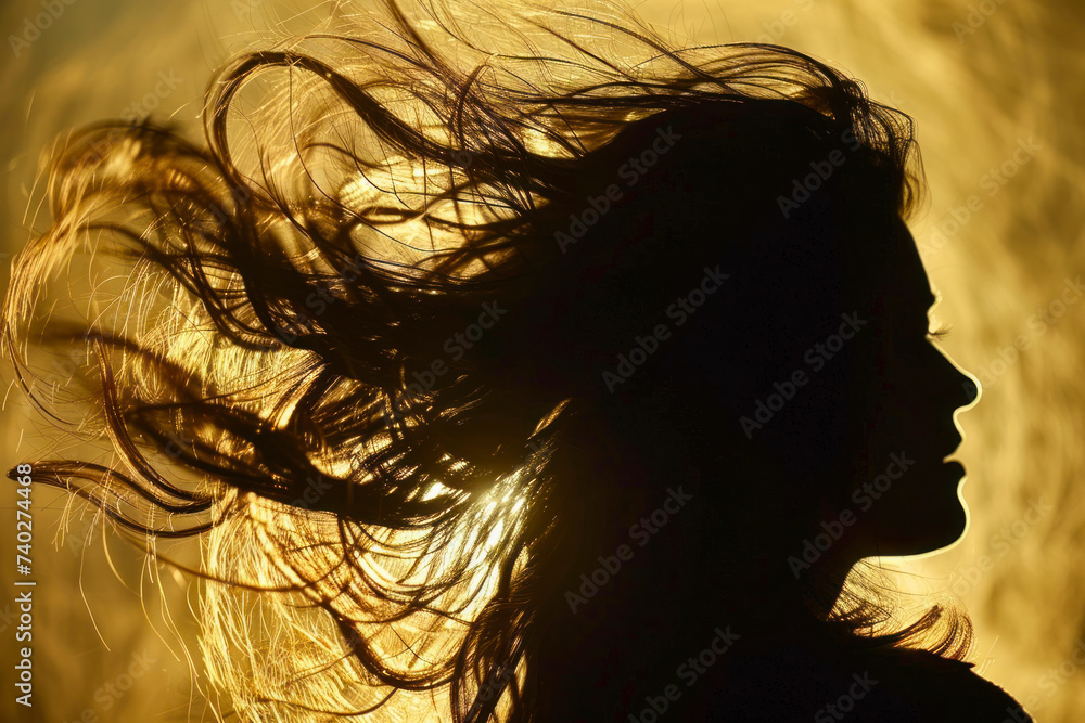 Silhouette of woman's head with waving hair, back light. Silhouette of woman's head with waving hair, back light.