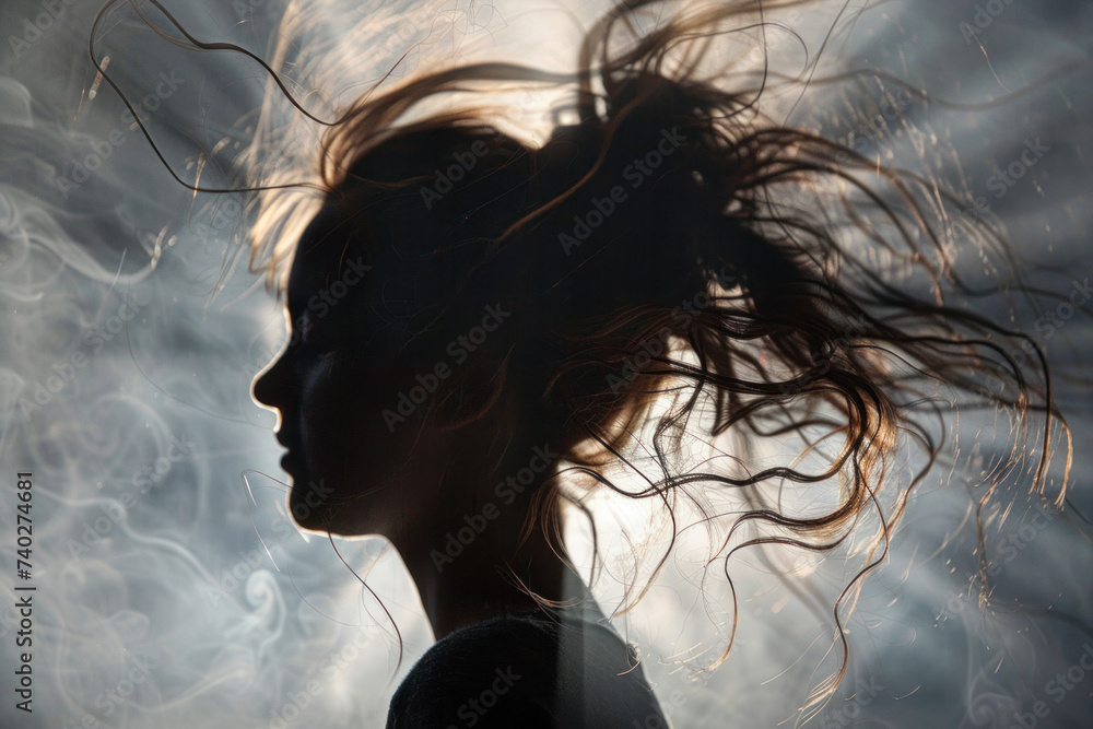 Naklejka premium Silhouette of woman's head with waving hair, back light.
