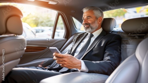 Businessman texting client in luxury car, executive using smartphone in back seat.