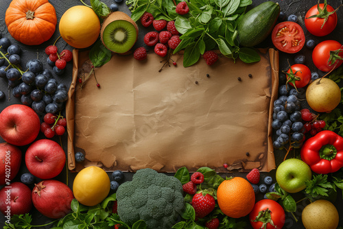Top view of an antique parchment background surrounded by various fruits and vegetables, providing a fresh and colorful frame for text. Concept of wholesome abundance. Generative Ai.