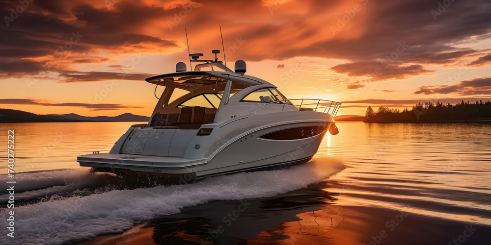 A luxury boat speeds across calm waters under a dramatic sunset sky, reflecting a perfect blend of adventure and tranquility. - obrazy, fototapety, plakaty 