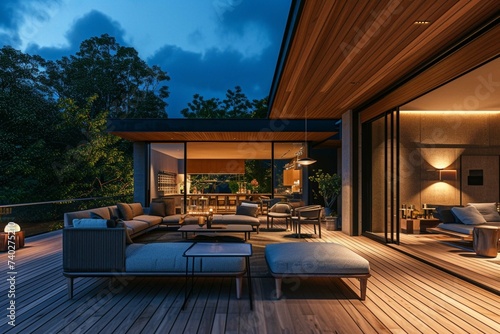 Wooden deck   balcony at night with furniture and open doors lea