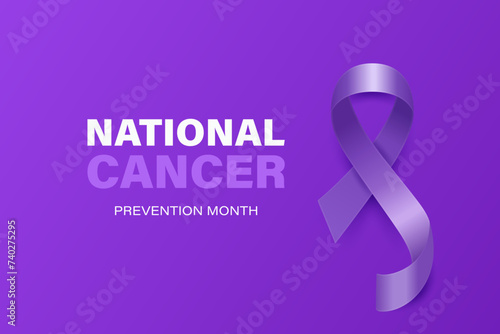 National Cancer Prevention Month, February. Banner, Card, Placard with Realistic 3D Vector Lavender Ribbon on Lavender Background. Cancer Awareness Month Symbol, Closeup. World Cancer Day Concept