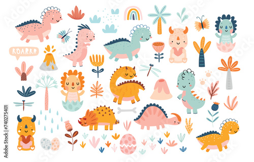 Cute Dino set with trees, plants, and other elements for your design, childish hand drawn dinosaur elements.