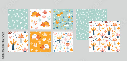 Set of seamless patterns, Cute Dino theme for your design, childish hand drawn dinosaur elements.