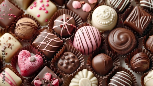Close up of chocolate candies on pastel gradient background   sweet confectionaries