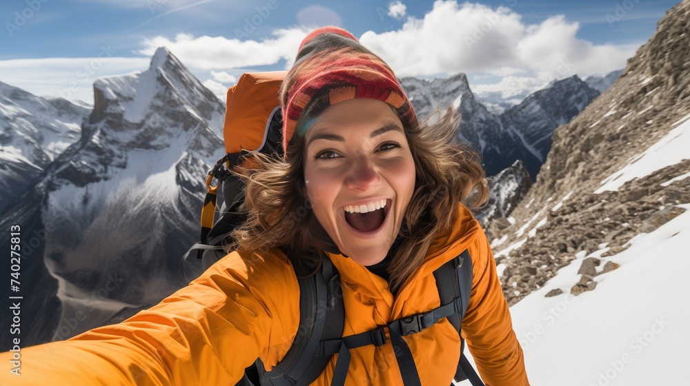 Joyful Hiker Taking Selfie on Snowy Mountain Peak