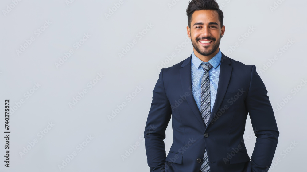 smiling bearded man in a professional setting, wearing a well-tailored blue suit with a white shirt and blue striped tie smiling bearded man in a professional setting, wearing a well-tailored blue suit with a white shirt and blue striped tie