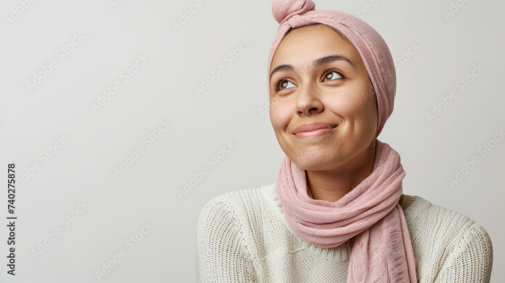 young woman with a towel wrapped around her hair, looking upwards with a hopeful or thoughtful expression, and wearing a casual sweater. young woman with a towel wrapped around her hair, looking upwards with a hopeful or thoughtful expression, and wearing a casual sweater.
