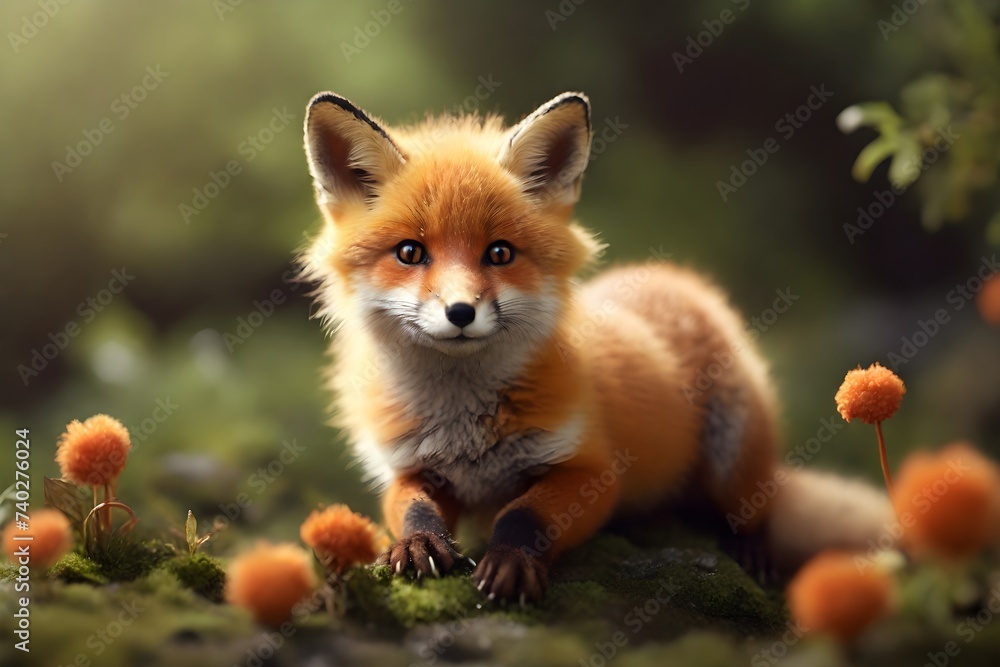 Obraz premium Wild male red fox sitting in the flowery meadow in summer