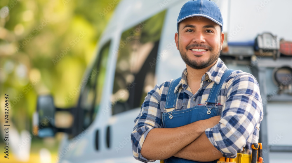 smiling man with a beard, wearing a blue cap, a plaid shirt, and a blue overall with a tool belt, standing confidently with his arms crossed in front of a white van. - obrazy, fototapety, plakaty 
