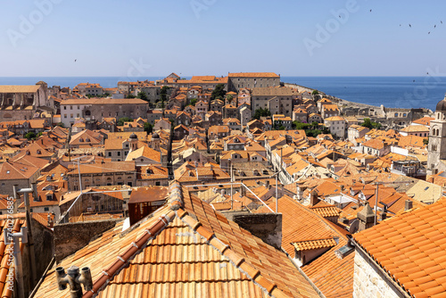 Aerial view of Old Town (Stari Grad) from medieval City Walls by Adriatic Sea, Dubrovnik, Croatia photo