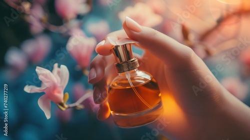 Main d'une femme avec un flacon de parfum dans une ambiance de printemps » IA générative photo