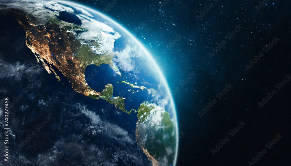 Fototapeta premium Nightly planet Earth, a glowing orb amidst vast darkness, symbolizes human civilization's resilience and fragility in the cosmic expanse