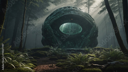 Mysterious metal ball in a green forest #740277417