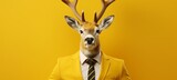 Anthropomorphic deer in business attire posing in corporate studio setting with copy space