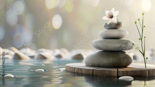 A stack of stones with a flower on top of them. Tranquil zen background with calm water and stone yramide