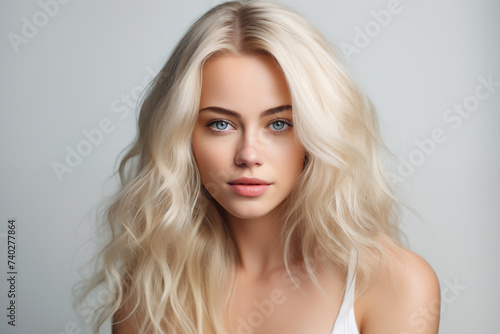 Gorgeous blond young woman in her 20s with beautiful blue eyes making eye contact posing against a studio background