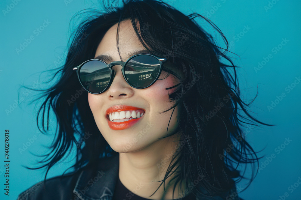 Close up shot of stylish young woman in sunglasses smiling against blue background. Close up shot of stylish young woman in sunglasses smiling against blue background.