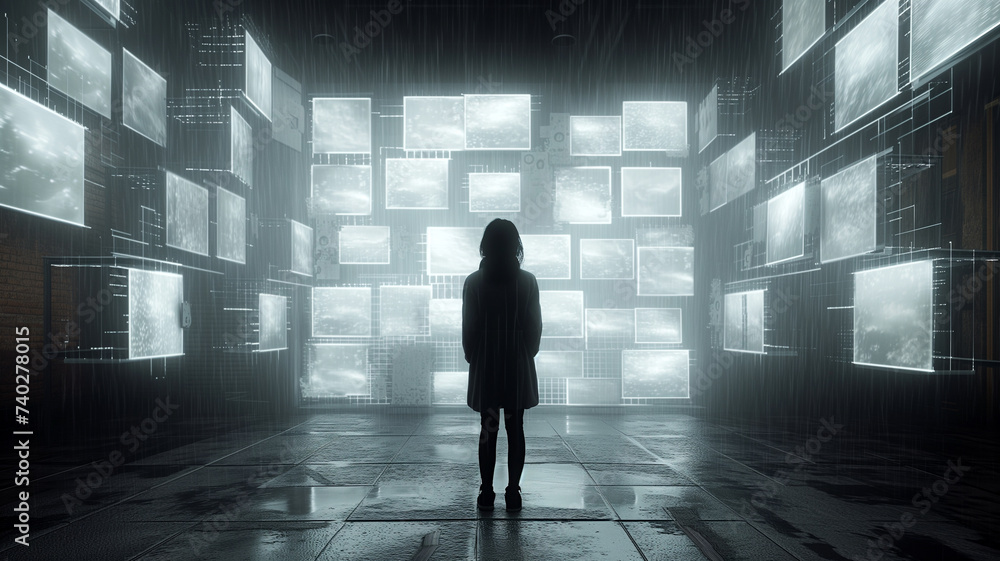 Silhouetted Person Standing in a Room of Luminous Screens Silhouetted Person Standing in a Room of Luminous Screens