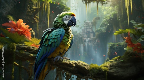 Render an exquisite image showcasing the beauty of a wild ara parrot s plumage against the verdant hues of the rainforest.