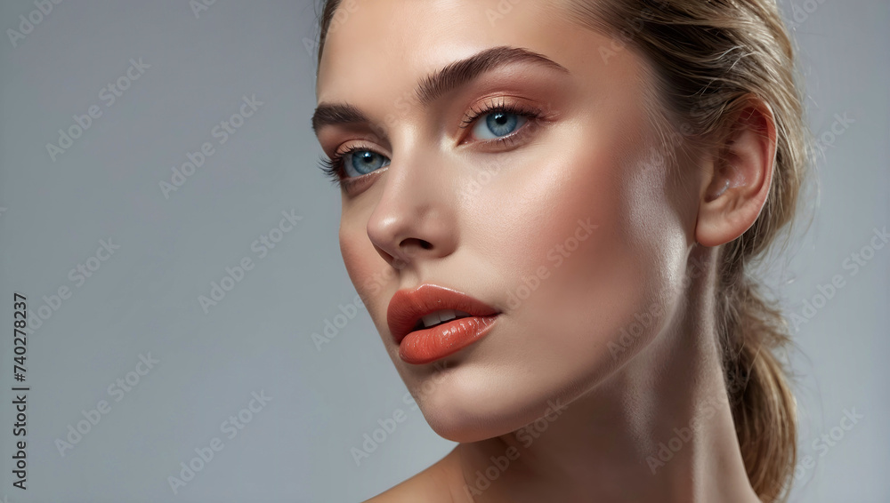 Close up portrait of a beautiful woman with glowing face. Beauty product commercial photo, glamorous portrait, Generative AI Close up portrait of a beautiful woman with glowing face. Beauty product commercial photo, glamorous portrait, Generative AI