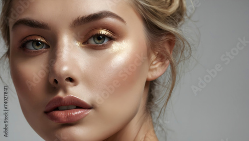 Close up portrait of a beautiful woman with glowing face. Beauty product commercial photo, glamorous portrait, Generative AI