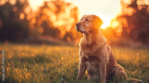 golden retriever in a summer field, in the style of sun rays shining on it, light and amber photo